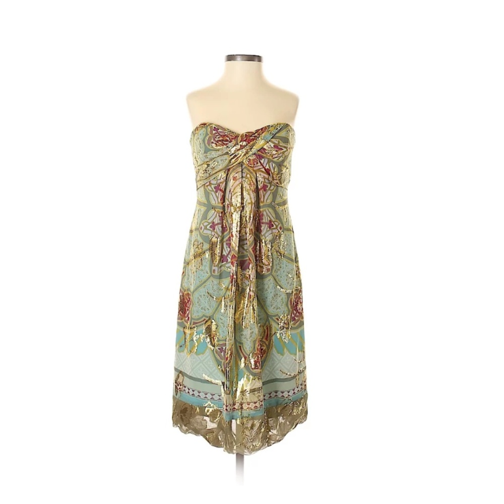 Strapless Turquoise Floral Tie-Front Midi Dress